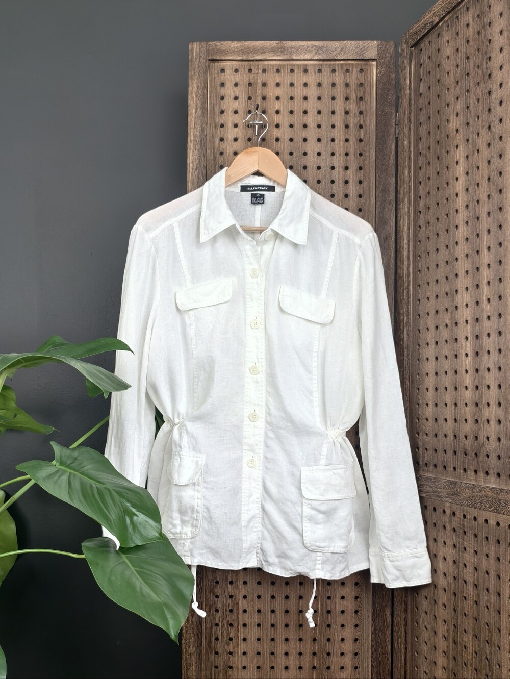 Vintage Ellen Tracy White Button-Down Utility Linen Shirt Shacket